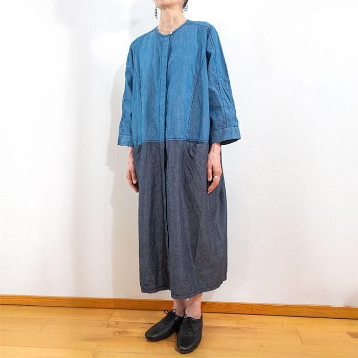 homspunネイビー ロングワンピース SALE】homspun リネンバイオ 長袖ワンピース ネイビー
