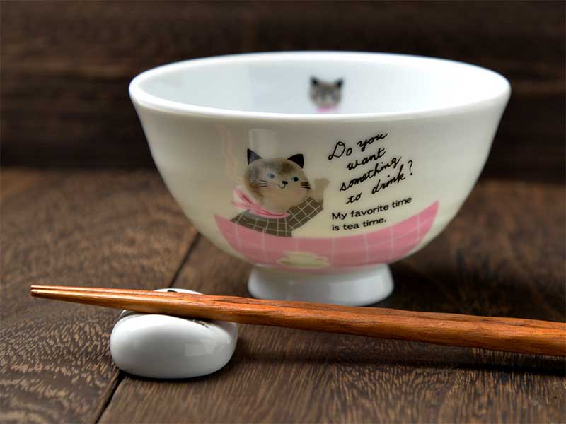 shinzikatoh シンジカトウデザイン 女の子っぽい猫のデザインが可愛い陶器のお茶碗　美濃焼