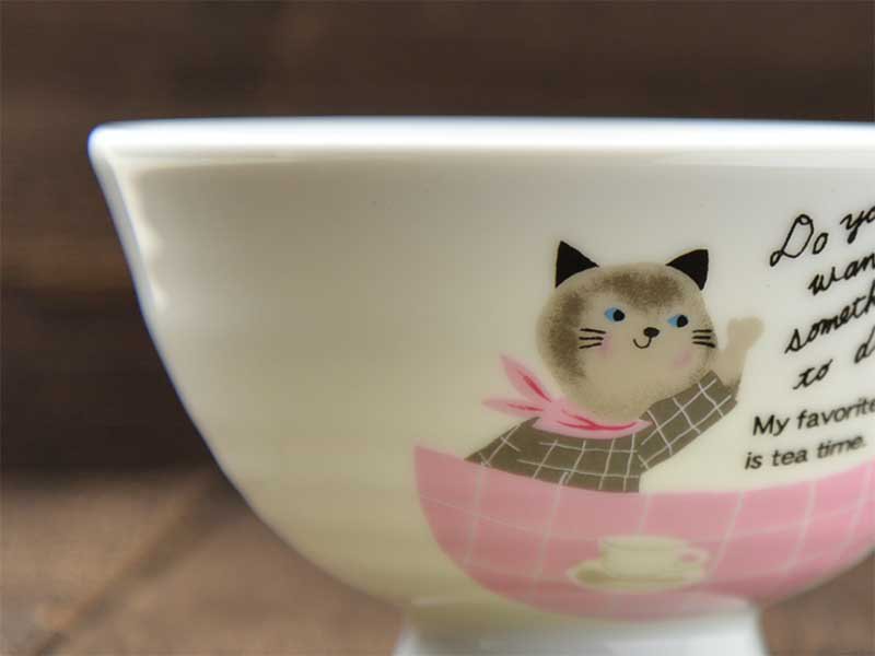 hinzikatoh シンジカトウデザイン 女の子っぽい猫のデザインが可愛い陶器のお茶碗　美濃焼