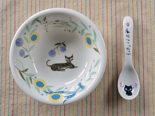 Shinzi Katoh design　シンジカトウ　デザイン
ひまわりと猫のイラストがお洒落な陶器　ボウル