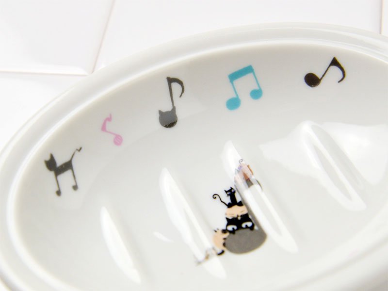Shinzikatoh シンジカトウデザイン　音楽好きな猫たちのイラストが可愛い　陶器のソープデッシュ　石鹸置き