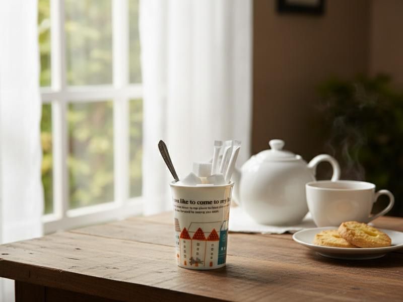 窓から明るい光が差し込む木製テーブルに置かれたBon VoyageシリーズHOタンブラー。タンブラーにはスプーンと角砂糖、スティックシュガーが入れられ、奥には湯気の立つティーポットとカップ、クッキーが並ぶ。おうちカフェや癒しグッズとして、リラックスしたひとときを演出するシーン。