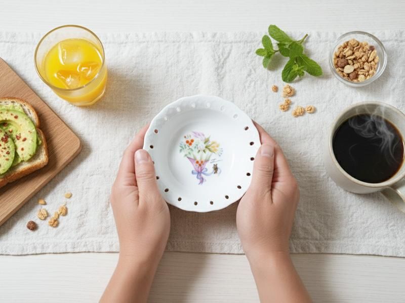 女性の両手が、木目調のテーブル上のランチョンマットの上で、ベリーとグラノーラが入った透かし彫り フリルボウルを持っている。手前にはプリンとクロワッサンが見え、おうちカフェの優雅な朝食のシーンを演出するデザートボウル。