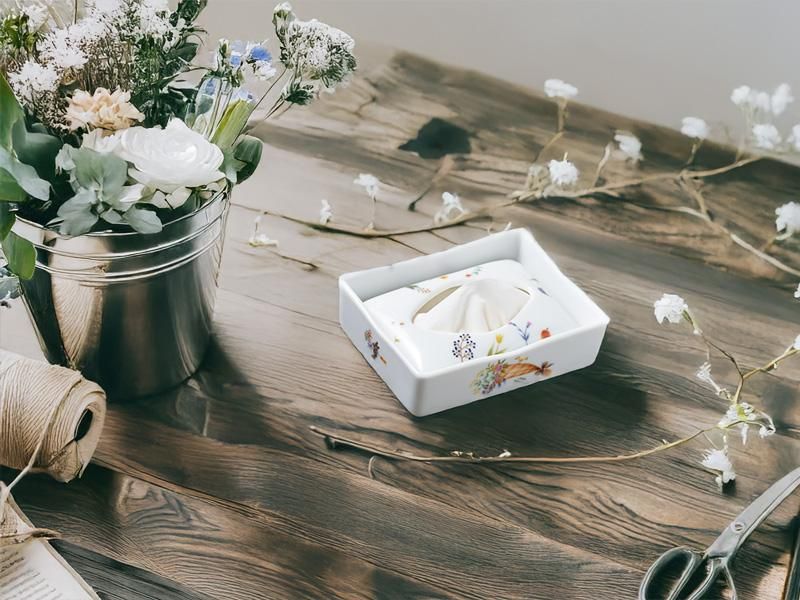 カトウシンジ陶器製ティッシュボックス 花と動物柄 シンジカトウ 美濃焼 ポケットティッシュケース - 上質でおしゃれな花