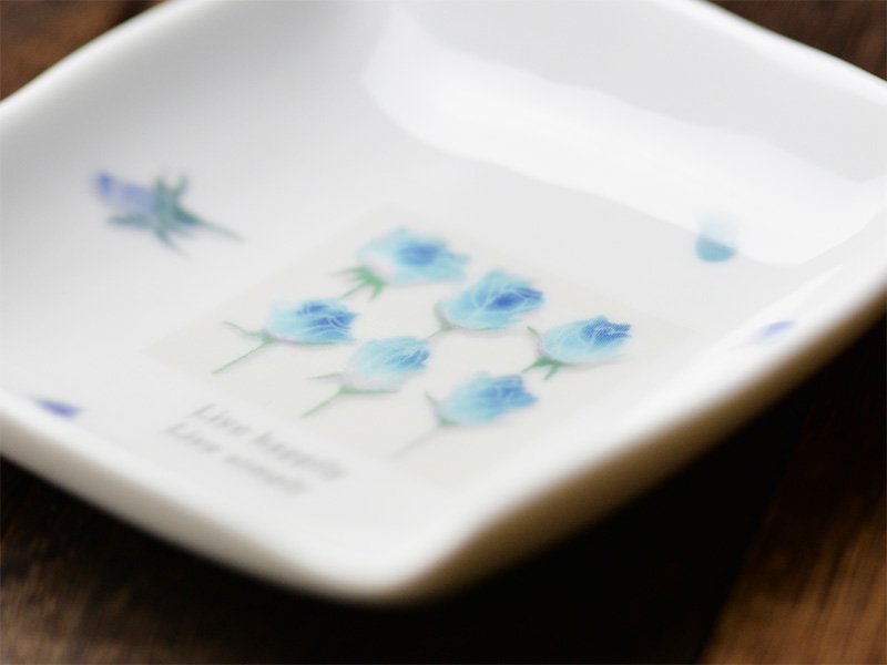 美濃焼製の白い小皿に雑貨デザイナーシンジカトウさんが珍しいブルーのバラのイラストを描いた小皿のをデザインが分かるようにデザイン部分を大きく拡大した画像です。