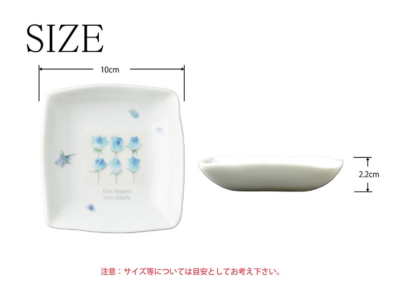 美濃焼製の白い小皿に雑貨デザイナーシンジカトウさんが珍しいブルーのバラのイラストを描いた小皿のサイズを明記した画像です。