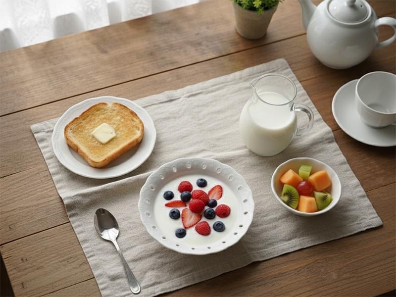 白磁のフリルボウルにヨーグルトとフルーツが盛られた朝食の風景。「シリアルボウル おしゃれ」なデザインで始まる豊かな一日。