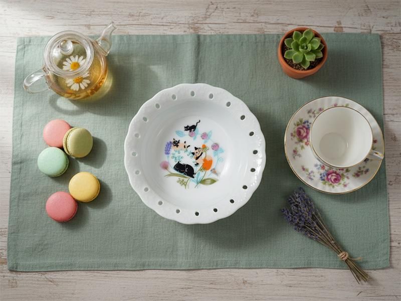 シンジカトウデザインのアニーブンキャッツフリルボウルにマカロンと多肉植物を添えた、おしゃれな「おうちカフェ 食器」コーディネート。