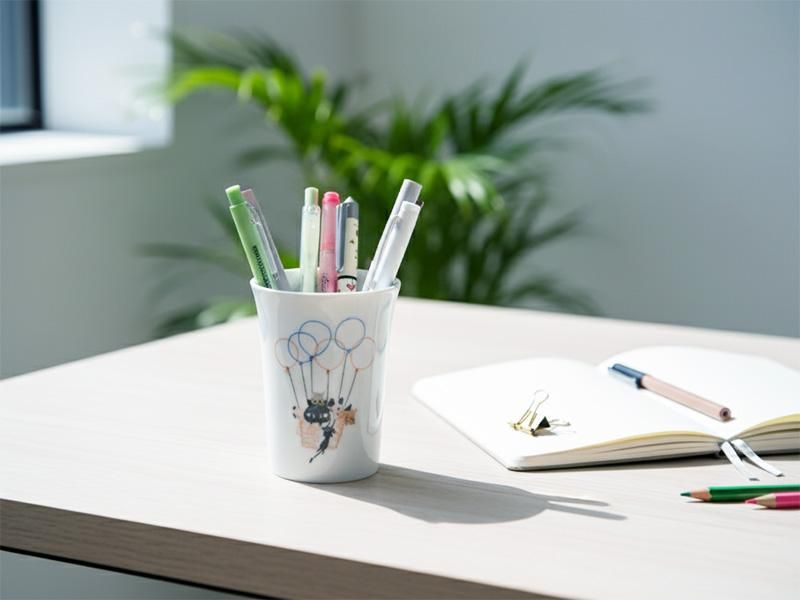 デスクの上でペン立てとして使われているタンブラー。タンブラーにはカラフルなペンが立てられており、横にはノートが開かれています。在宅勤務や勉強時のデスク周りを可愛く整理する様子がイメージできます。
