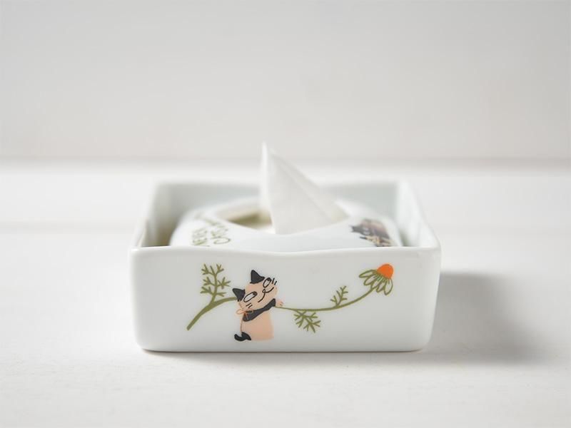 カトウシンジ陶器製ティッシュボックス 花と動物柄 シンジカトウ【生活感をなくす】おしゃれな陶器ティッシュケース