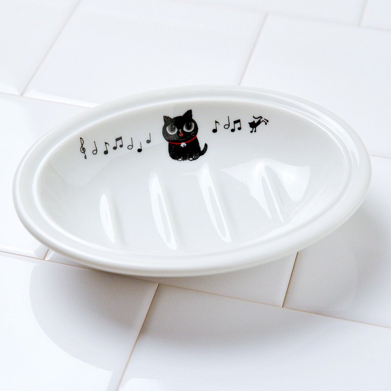 ソープディッシュ 陶器 シンジカトウ 黒猫のイラストの石鹸置き