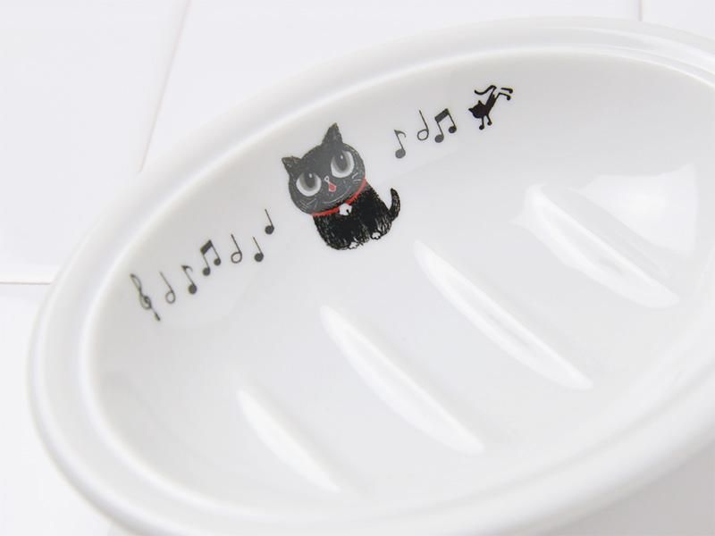 ソープディッシュ 陶器 シンジカトウ 黒猫のイラストの石鹸置き ソープディッシュ 陶器 シンジカトウ 黒猫のイラストの石鹸置き