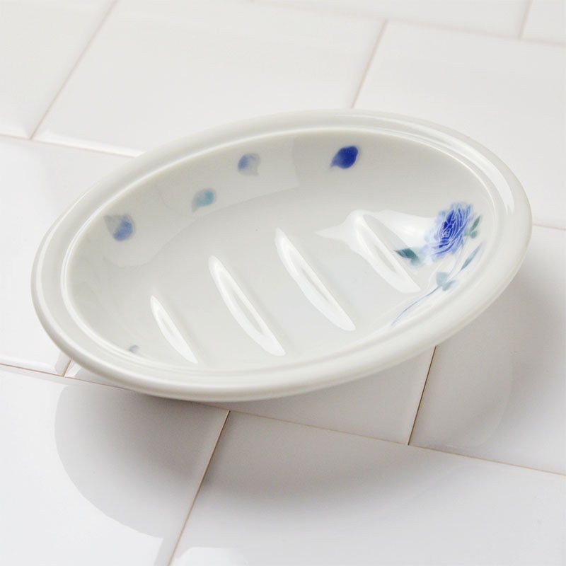 ソープディッシュ 陶器 シンジカトウ 青いバラのイラスト石鹸置き