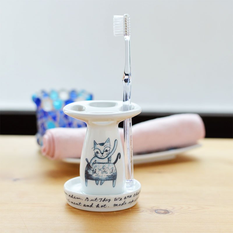 シンジカトウ 学習する猫のイラスト 陶器の歯ブラシスタンド