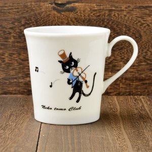 ねこ柄のマグカップ　シンジカトウ<br>黒猫がバイオリンを弾くイラストが可愛い<br>マグカップ NC-A　日本製