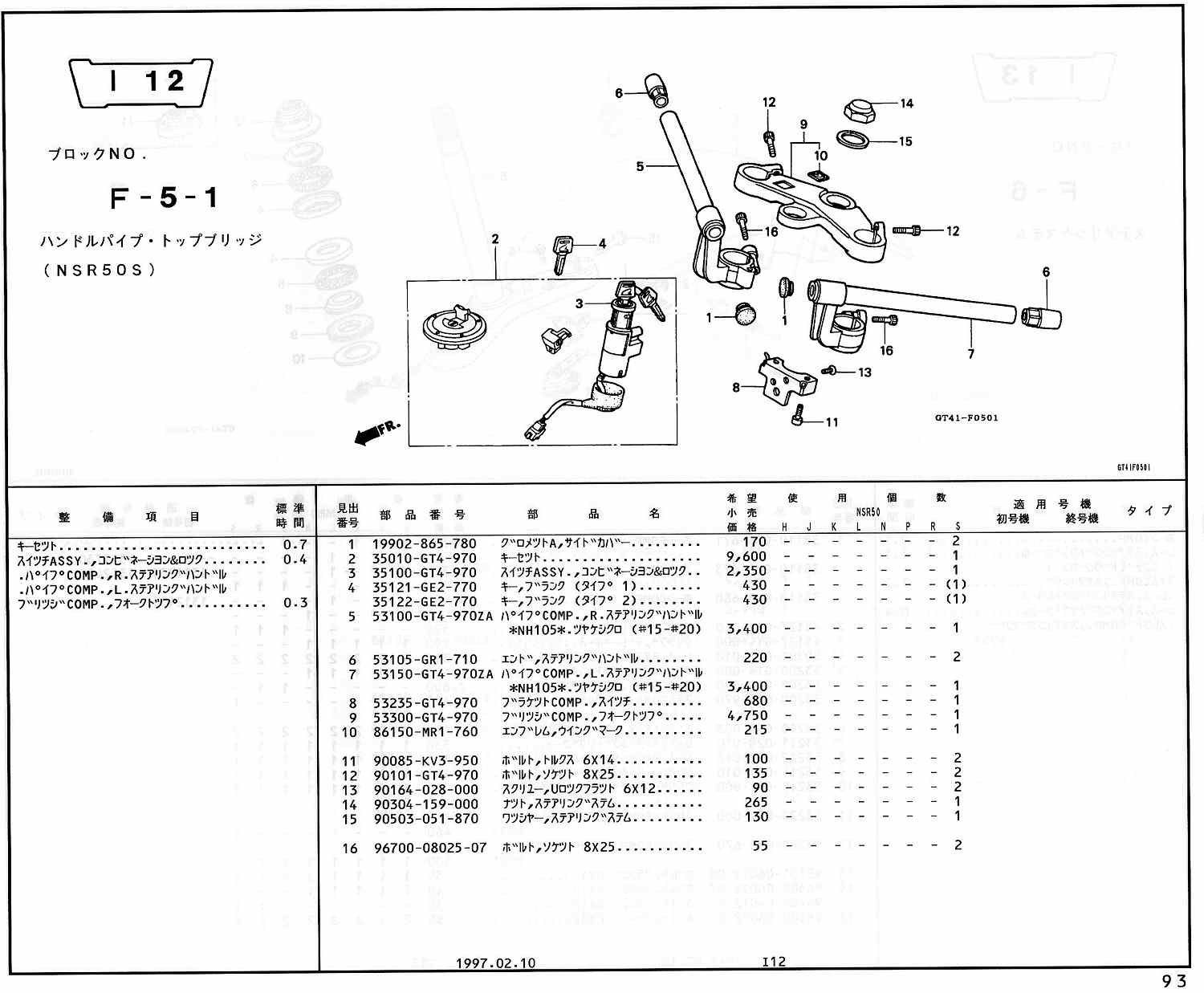 NSR50 ホンダ純正部品 ブロックNo,F-5-1 ハンドルパイプ・トップ 
