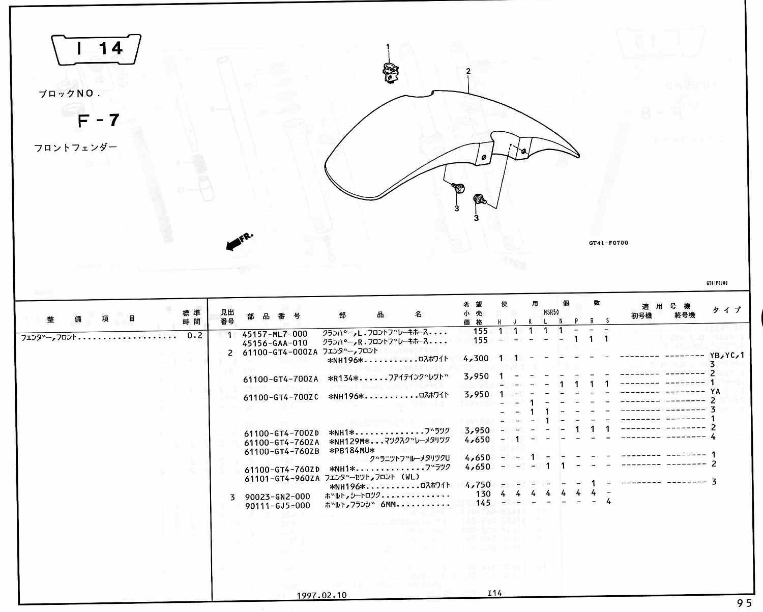 NSR50 ホンダ純正部品 ブロックNo,F-7 フロントフェンダー ページ95