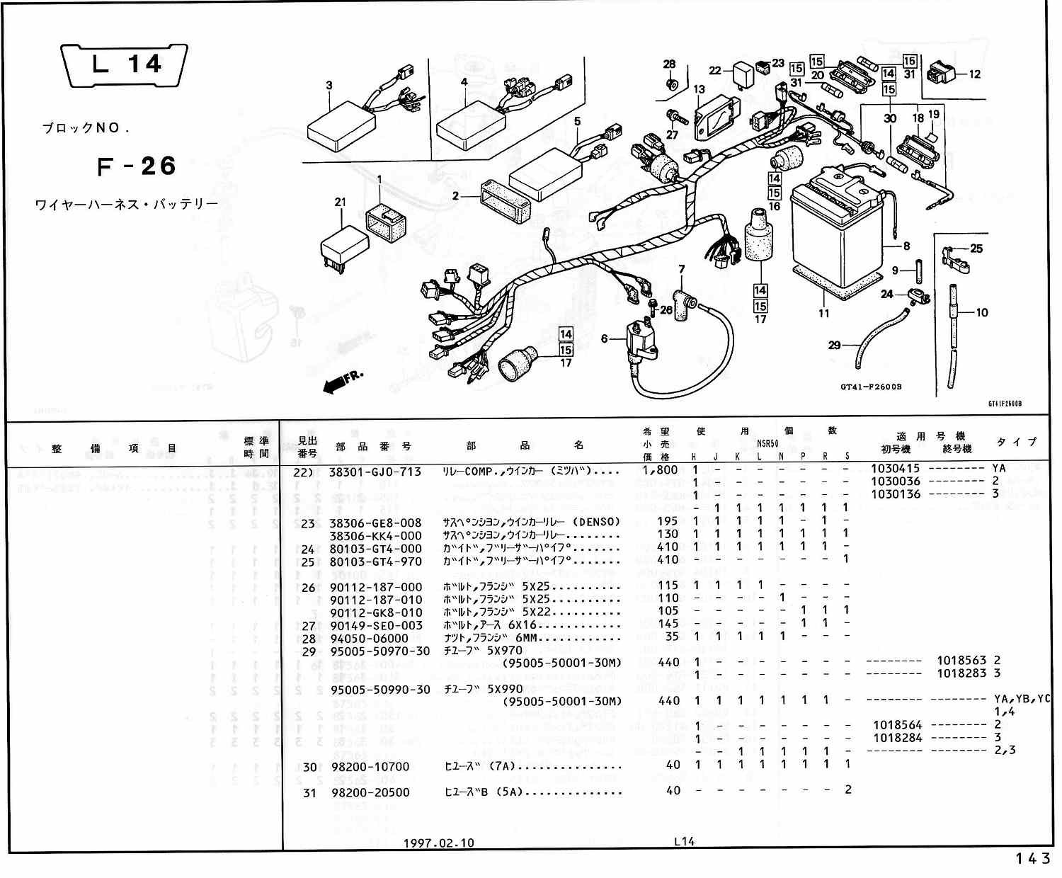 NSR50 ホンダ純正部品 ブロックNo,F-26 ワイヤーハーネス・バッテリー 
