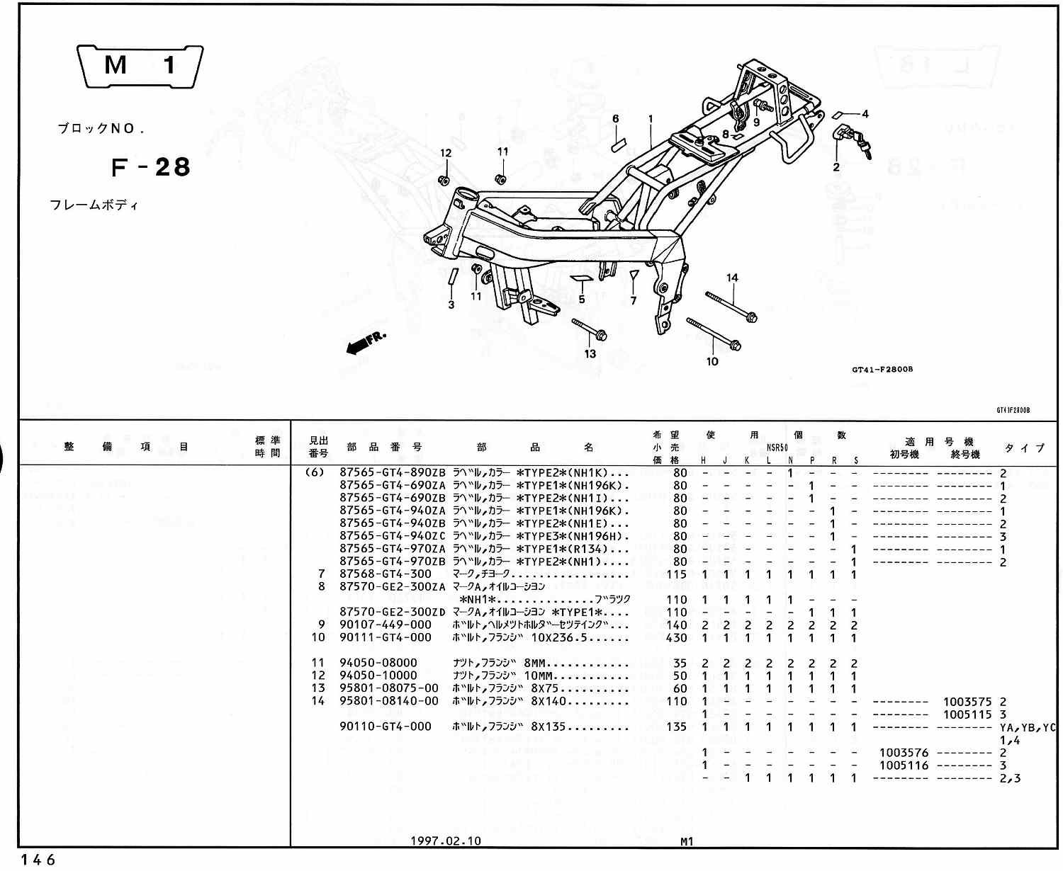 NSR50 ホンダ純正部品 ブロックNo,F-28 フレームボディ ページ145、146
