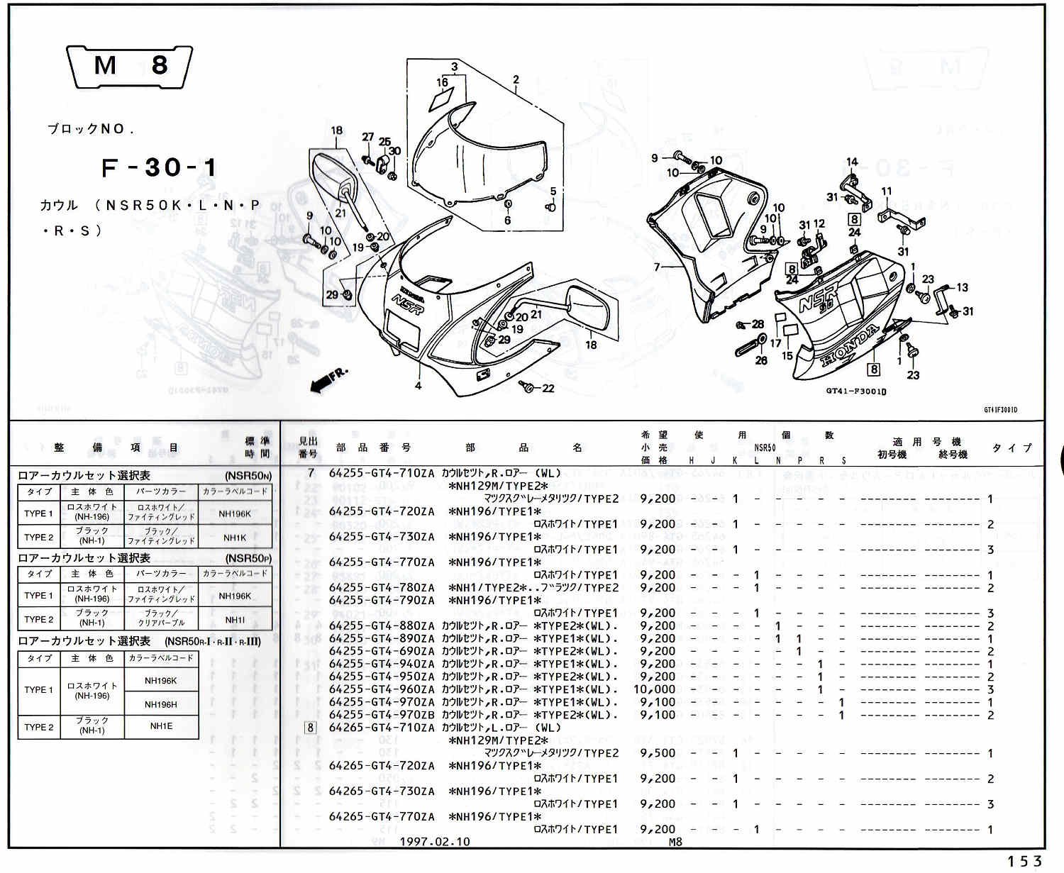 NSR50 ホンダ純正部品 ブロックNo,F-30-1 カウル ページ152、153、154