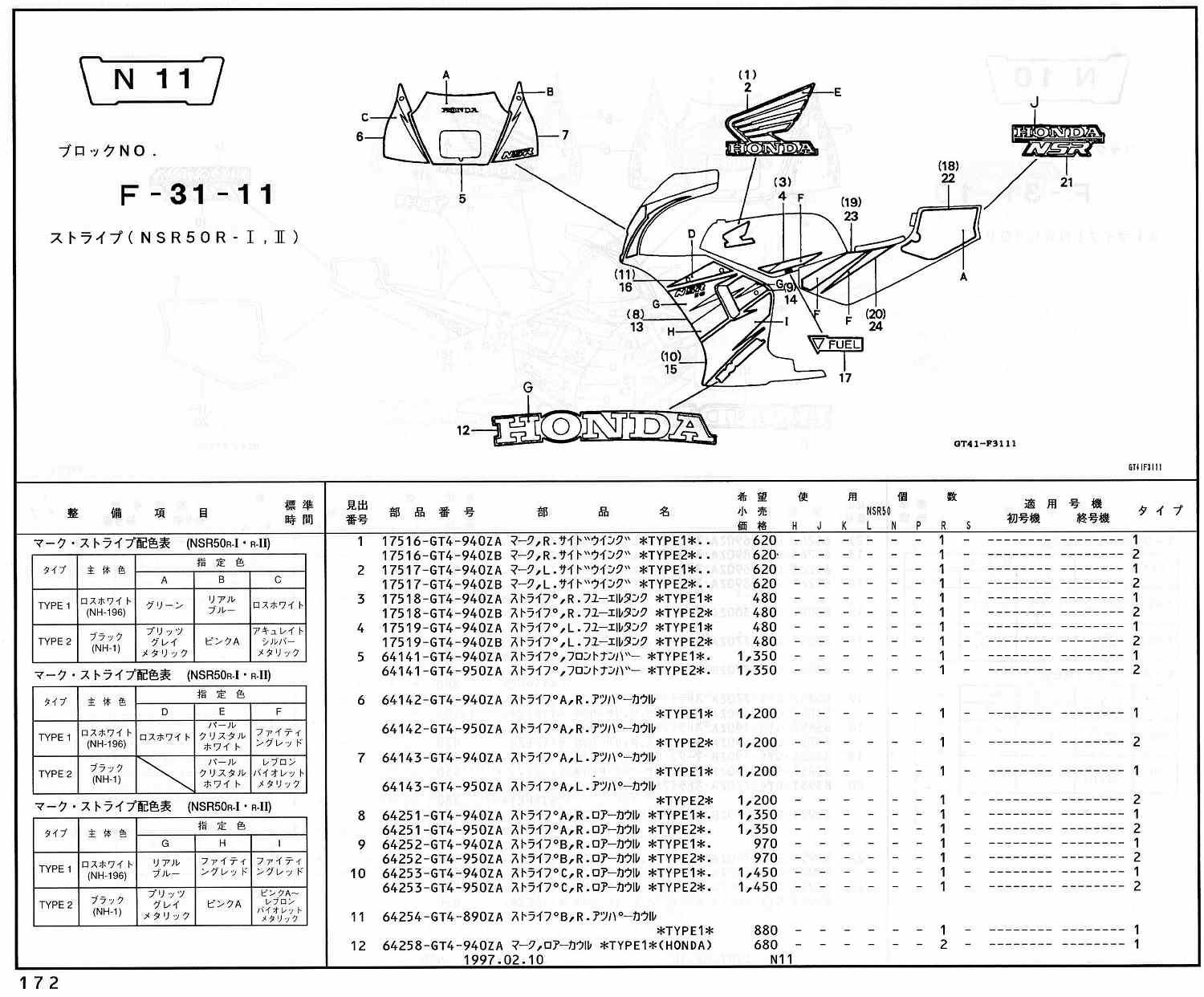 NSR50 ホンダ純正部品 ブロックNo,F-31-11 ストライプ ページ172
