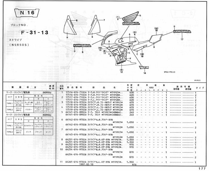 NSR50 ホンダ純正部品 ブロックNo,F-31-13 ストライプ ページ177、178 - ミニバイクレースパーツ専門店「switch!」NSR50  NSRmini NSF100 GROM XR100 APE100 KSR CBR250R