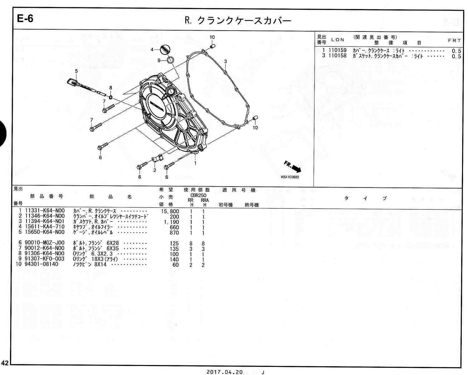 CBR250RR 17～ ホンダ純正部品 ブロックNo.E-6 R.クランクケースカバー