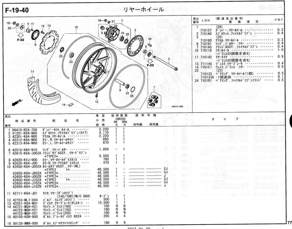 CBR250RR 17～ ホンダ純正部品 ブロックNo.F-19-40 リヤーホイール ...