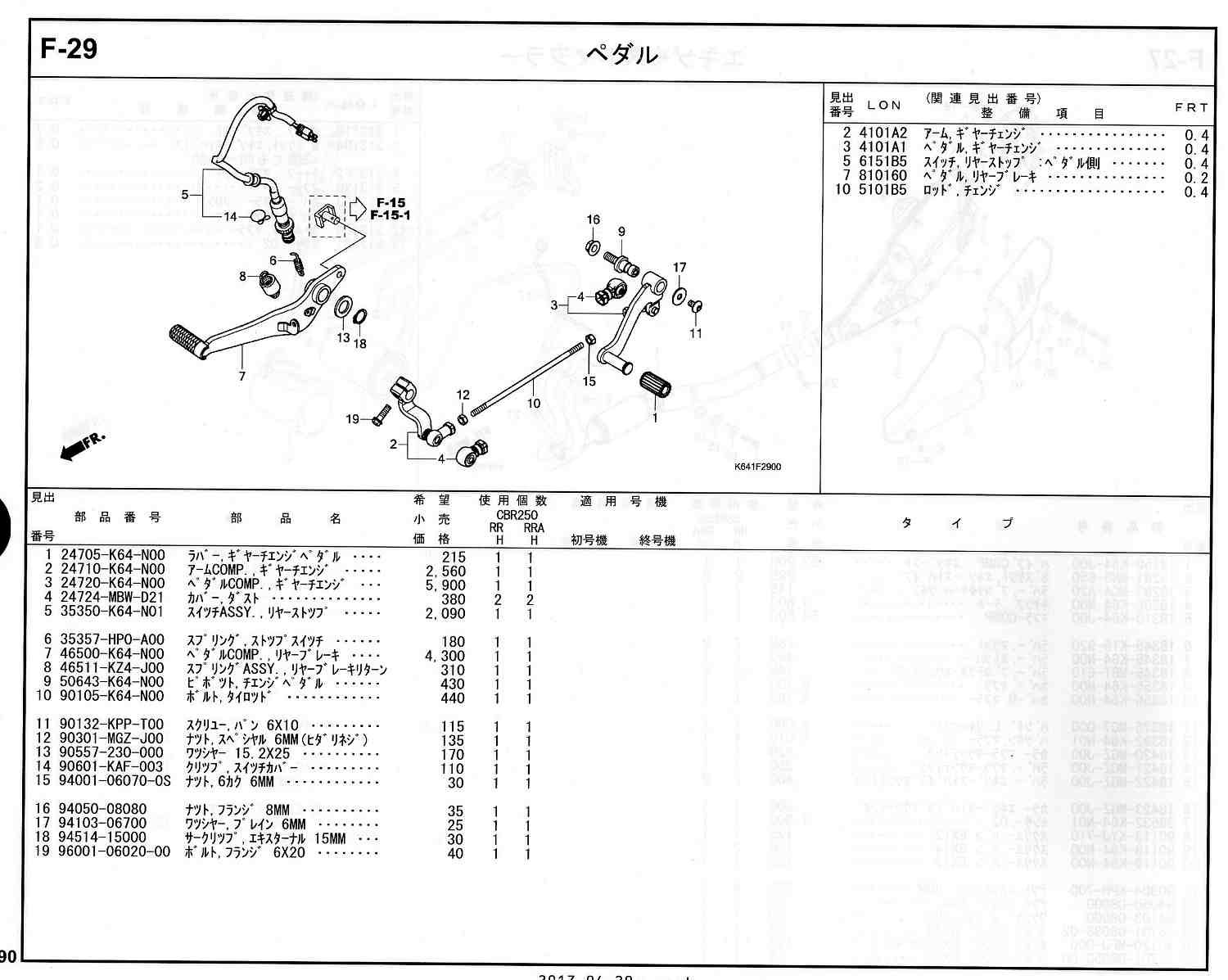 CBR250RR 17～ ホンダ純正部品 ブロックNo.F-29 ペダル ページ90
