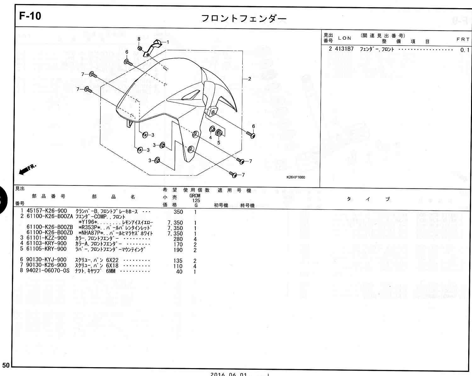 GROM(グロム）16～20モデル ホンダ純正部品 ブロックNo.F-10 フロント