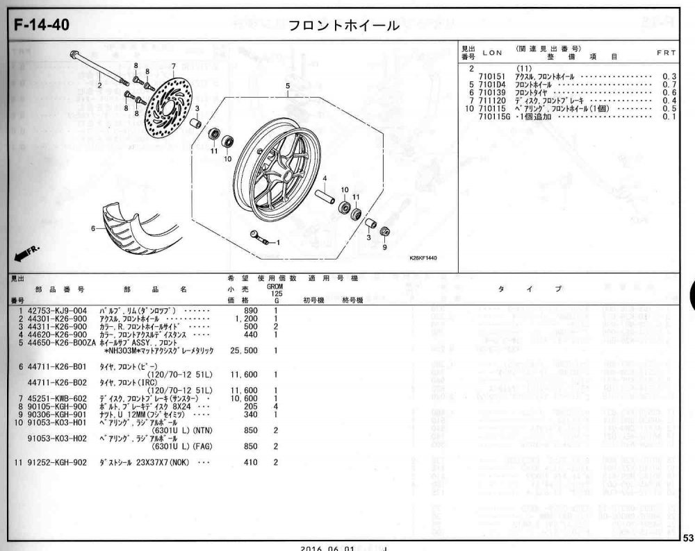 GROM(グロム）16～20モデル ホンダ純正部品 ブロックNo.F-14-40 フロントホイール ページ53 -  ミニバイクレースパーツ専門店「switch!」NSR50 NSRmini NSF100 GROM XR100 APE100 KSR CBR250R