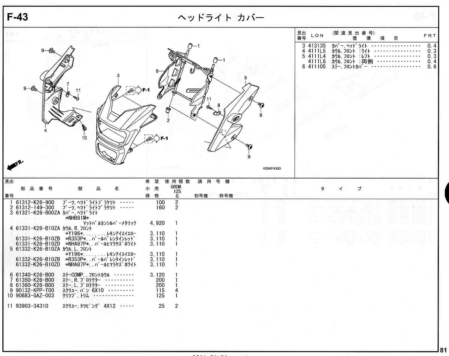 GROM(グロム）16～20モデル ホンダ純正部品 ブロックNo.F-43 ヘッド