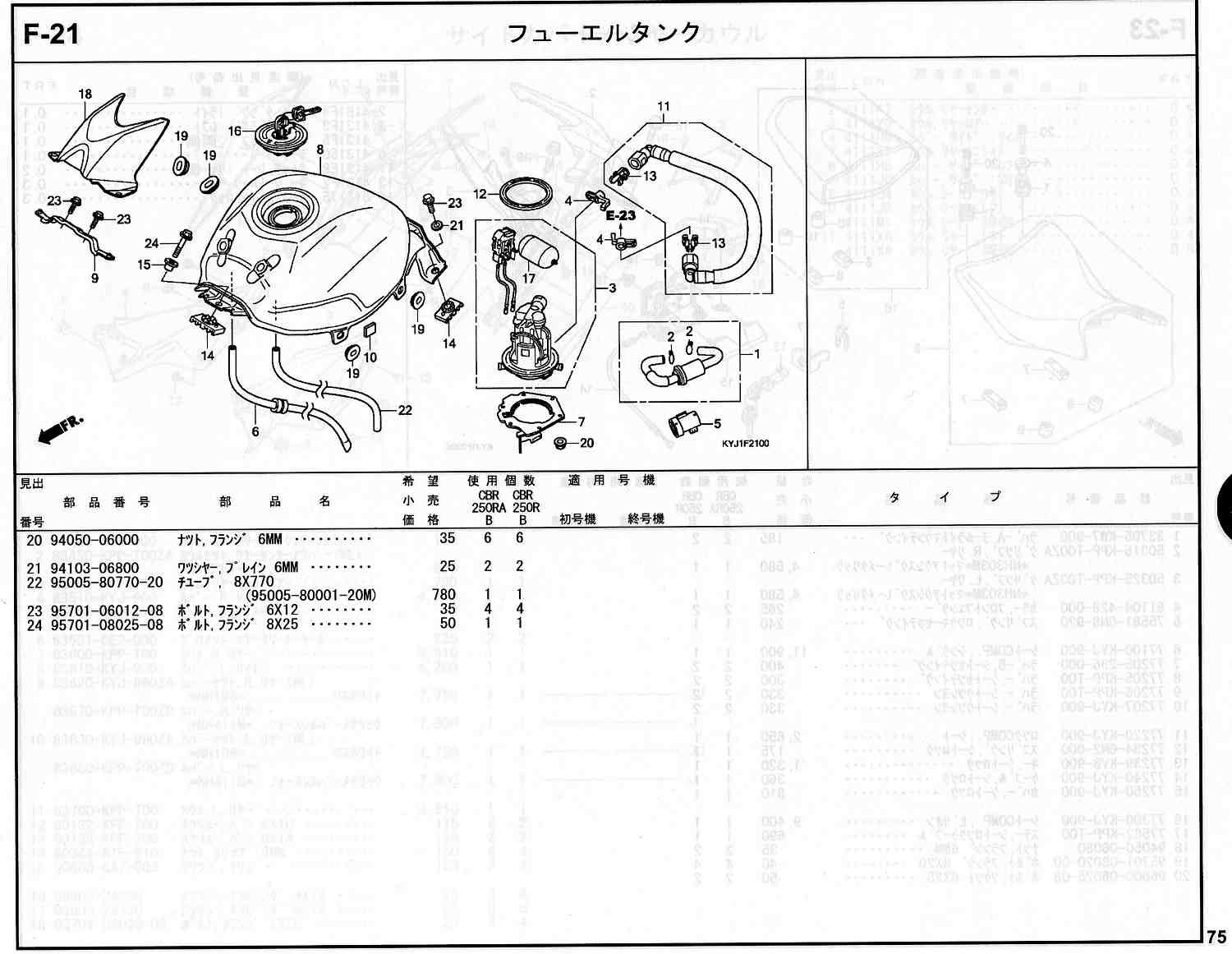 CBR250R ホンダ純正部品 ブロックNo.F-21 フューエルタンク ページ74 
