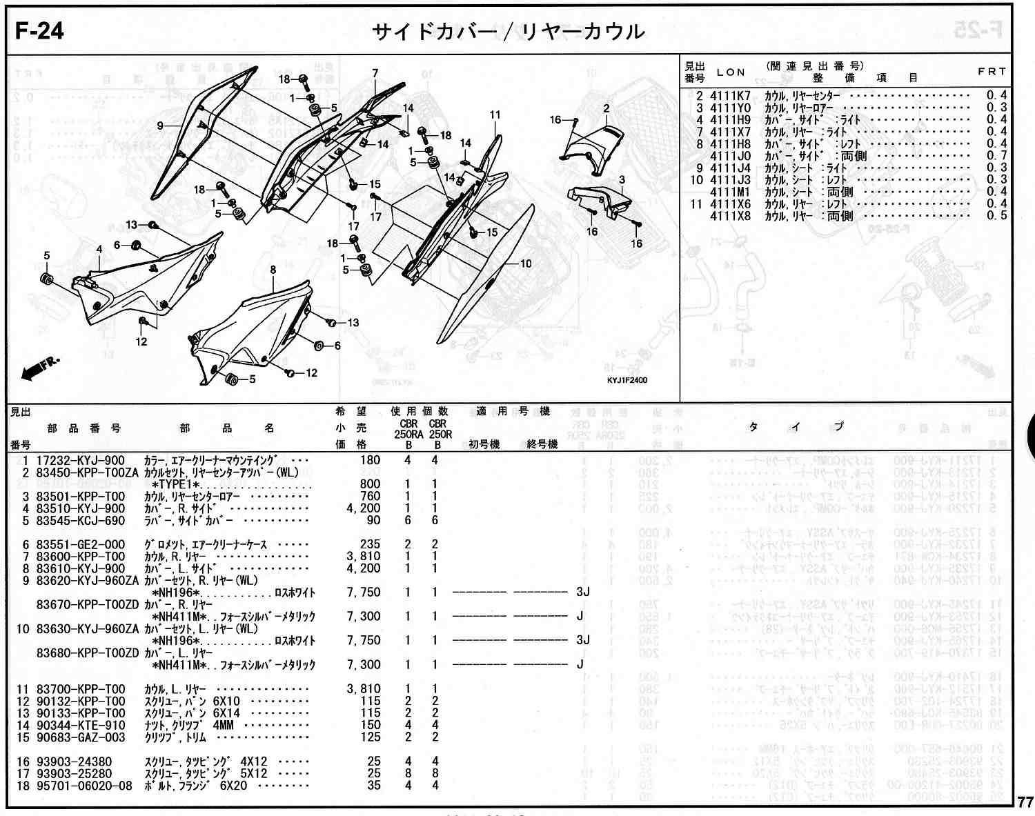 CBR250R ホンダ純正部品 ブロックNo.F-24 サイドカバー/リヤーカウル 