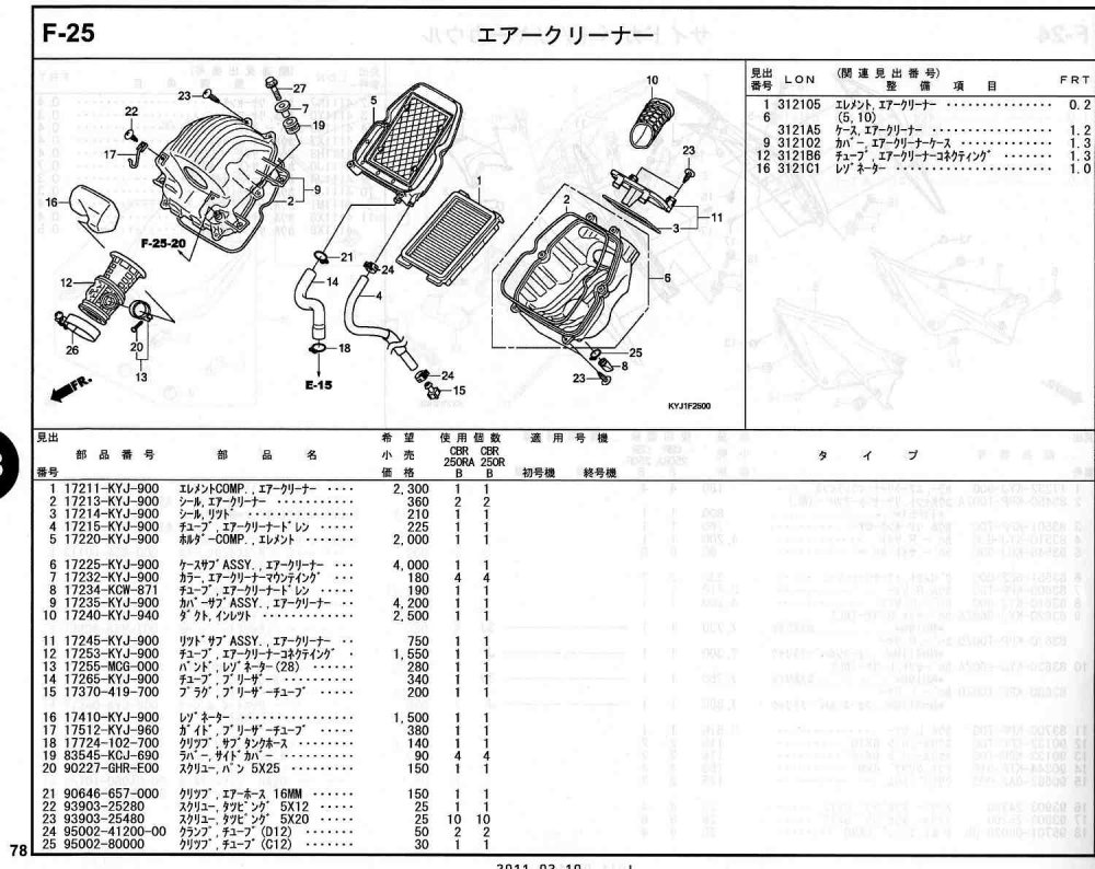 CBR250R ホンダ純正部品 ブロックNo.F-25 エアークリーナー ページ78