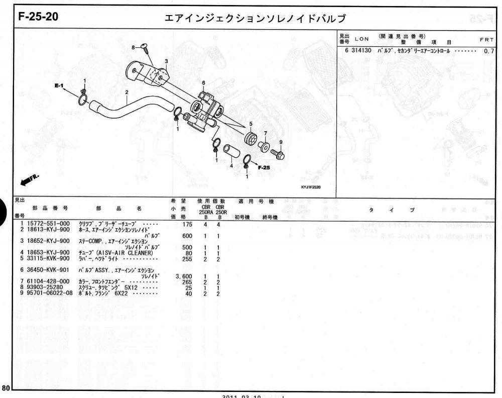 CBR250R ホンダ純正部品 ブロックNo.F-25-20 エアインジェクション 