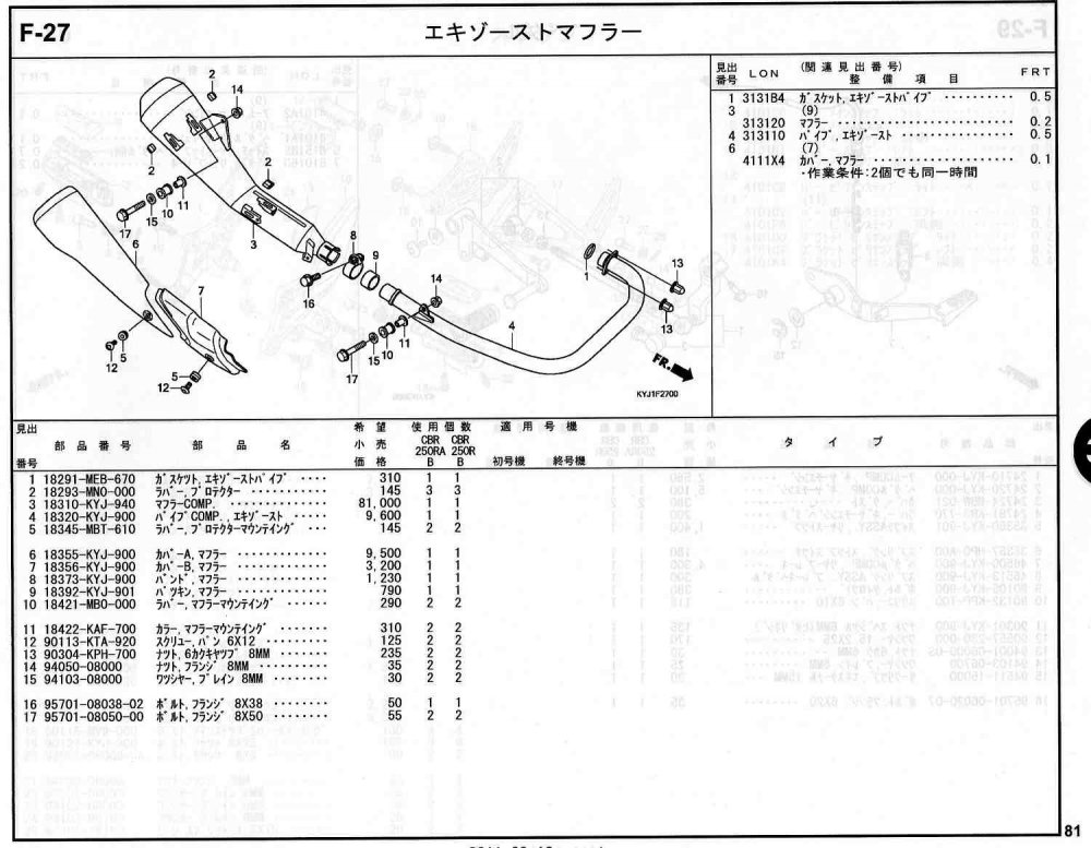 CBR250R ホンダ純正部品 ブロックNo.F-27 エキゾーストマフラー ページ