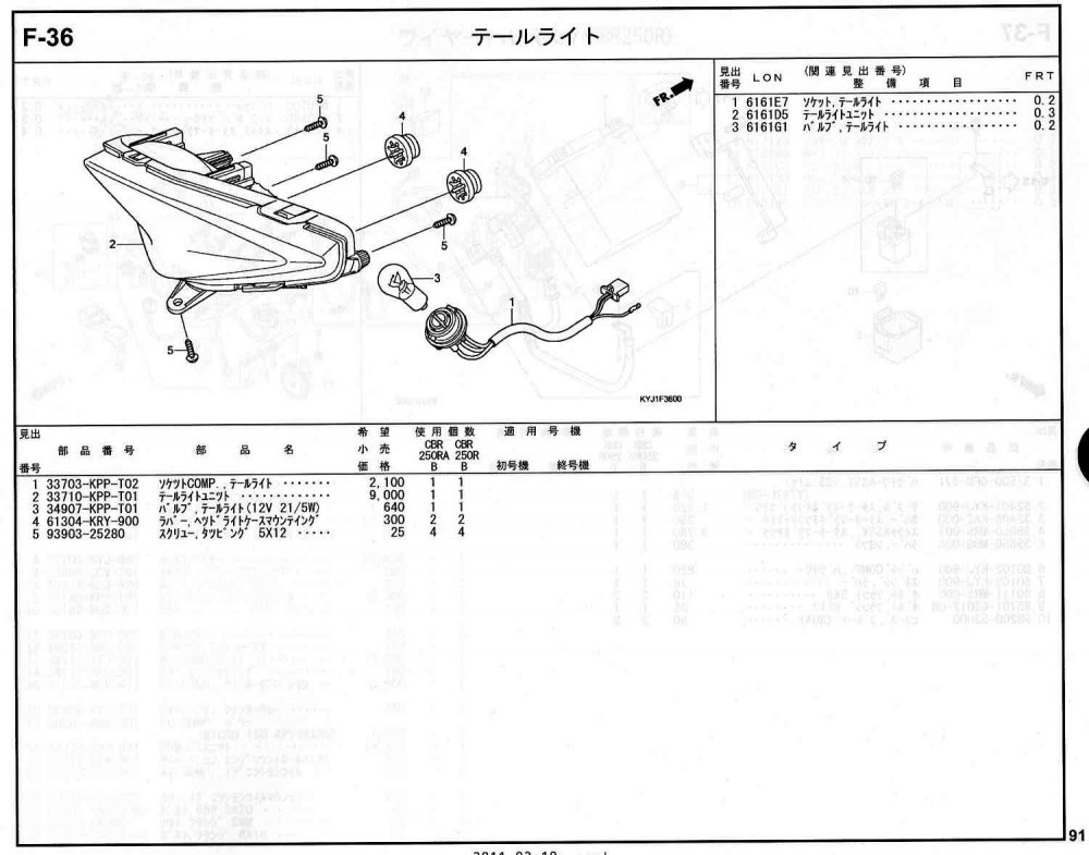 CBR250R ホンダ純正部品 ブロックNo.F-36 テールライト ページ91 - ミニバイクレースパーツ専門店「switch!」NSR50  NSRmini NSF100 GROM XR100 APE100 KSR CBR250R