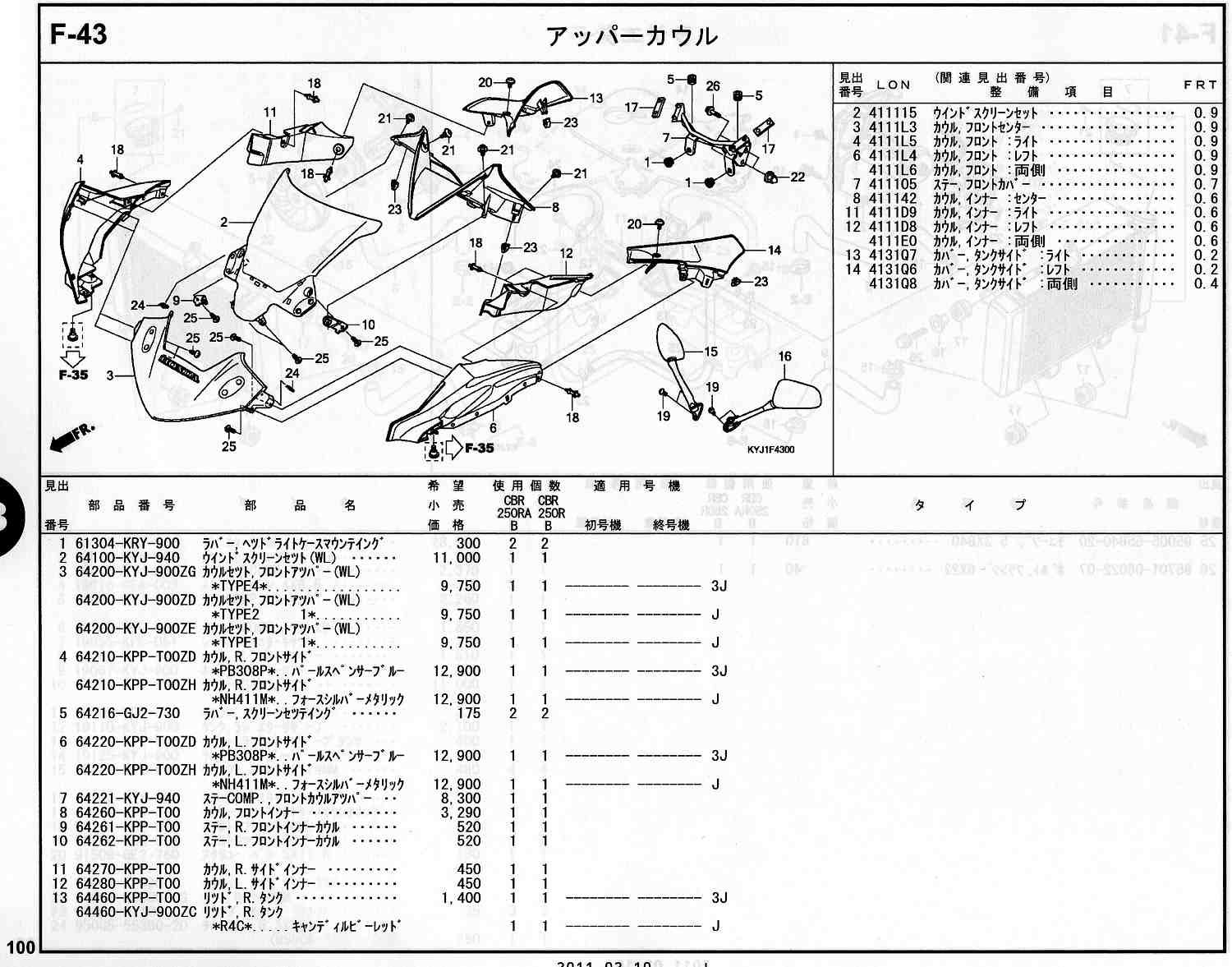CBR250R ホンダ純正部品 ブロックNo.F-43 アッパーカウル ページ100