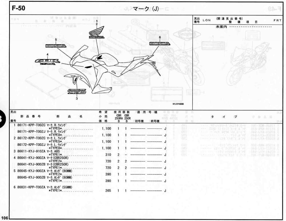 CBR250R ホンダ純正部品 ブロックNo.F-50 マーク（J) ページ106 - ミニ