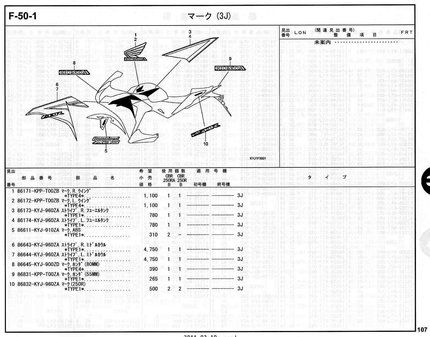 CBR250R ホンダ純正部品 ブロックNo.F-50-1 マーク（3J) ページ107