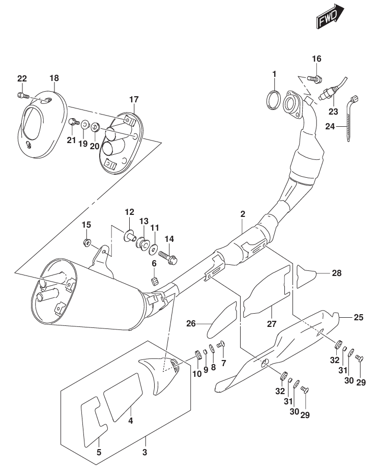 GSX-R125 18～ スズキ純正部品 FIG.163A (1-B-16) マフラ - ミニバイクレースパーツ専門店「switch!」NSR50  NSRmini NSF100 GROM XR100 APE100 KSR CBR250R