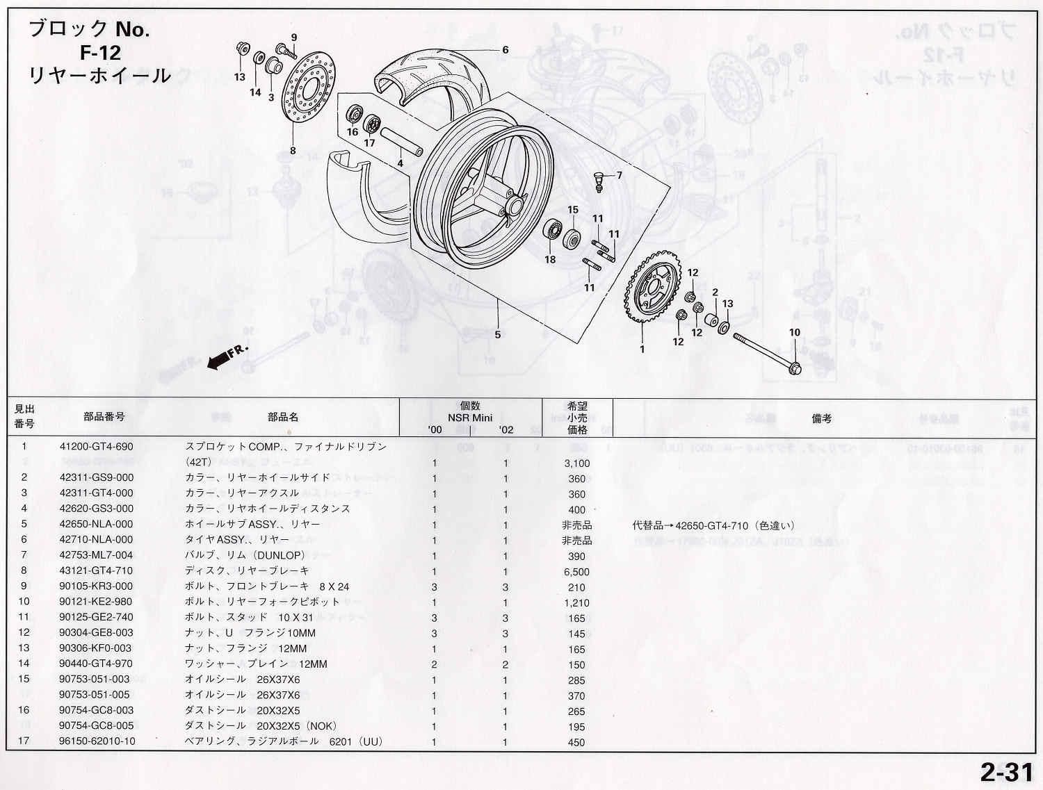 NSRmini ホンダ純正部品 ブロックNo.F-12 リヤーホイール パーツリストページ 2-31、2-32 -  ミニバイクレースパーツ専門店「switch!」NSR50 NSRmini NSF100 GROM XR100 APE100 KSR CBR250R