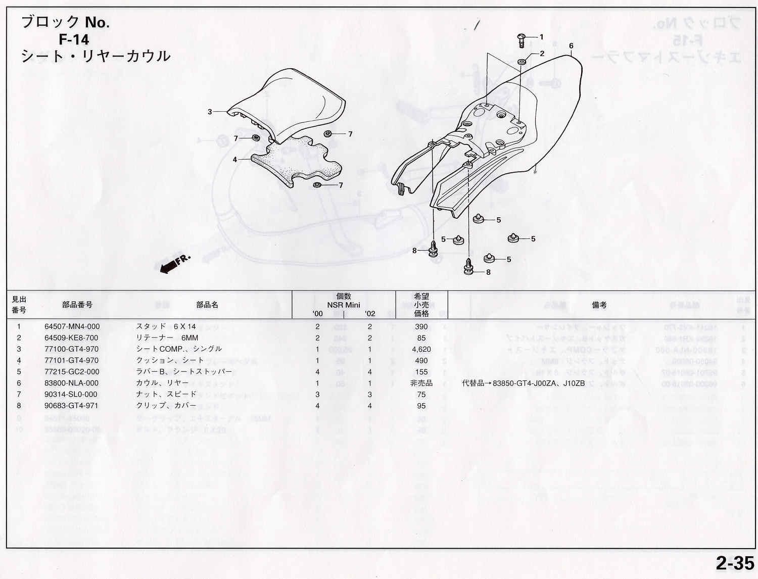 NSRmini ホンダ純正部品 ブロックNo.F-14 シート・リヤーカウル パーツリストページ 2-35 -  ミニバイクレースパーツ専門店「switch!」NSR50 NSRmini NSF100 GROM XR100 APE100 KSR CBR250R