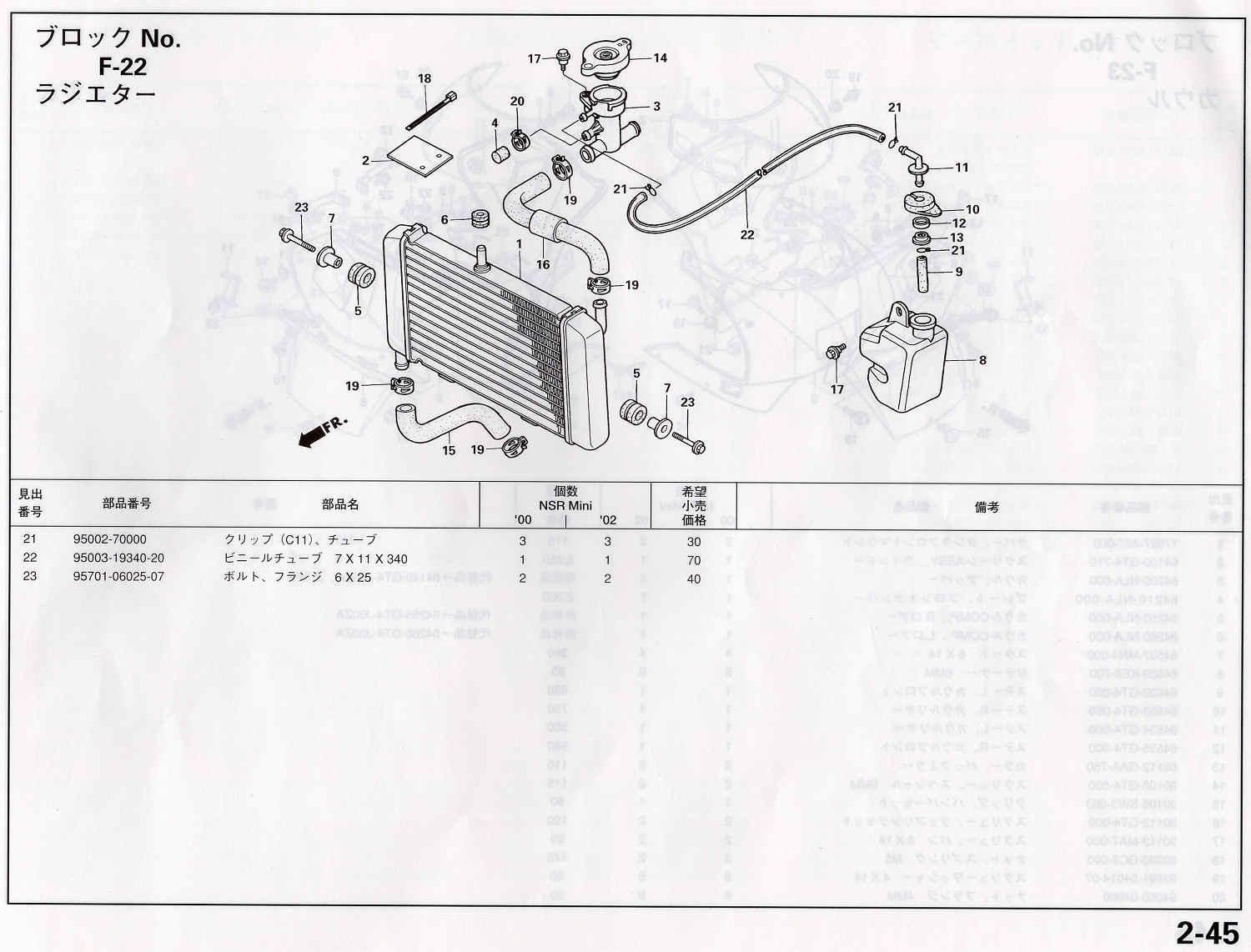NSRmini ホンダ純正部品 ブロックNo.F-22 ラジエター パーツリストページ 2-44