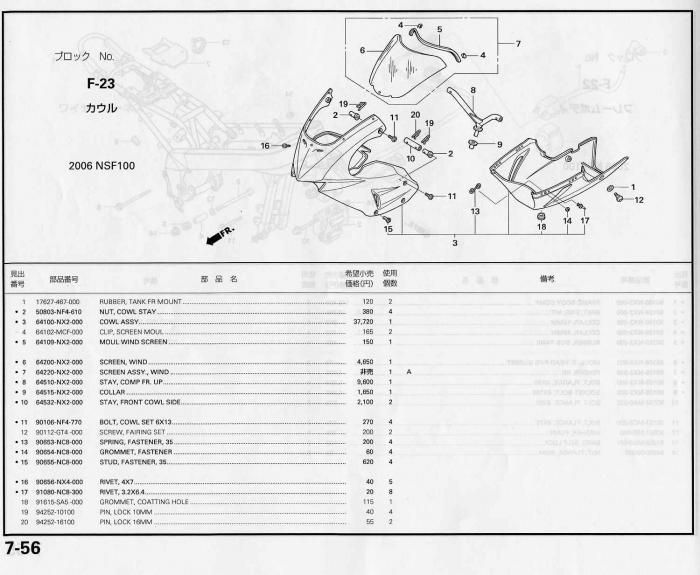 NSF100 ホンダ純正部品 ブロックNo.F-23 カウル パーツリストページ 7 