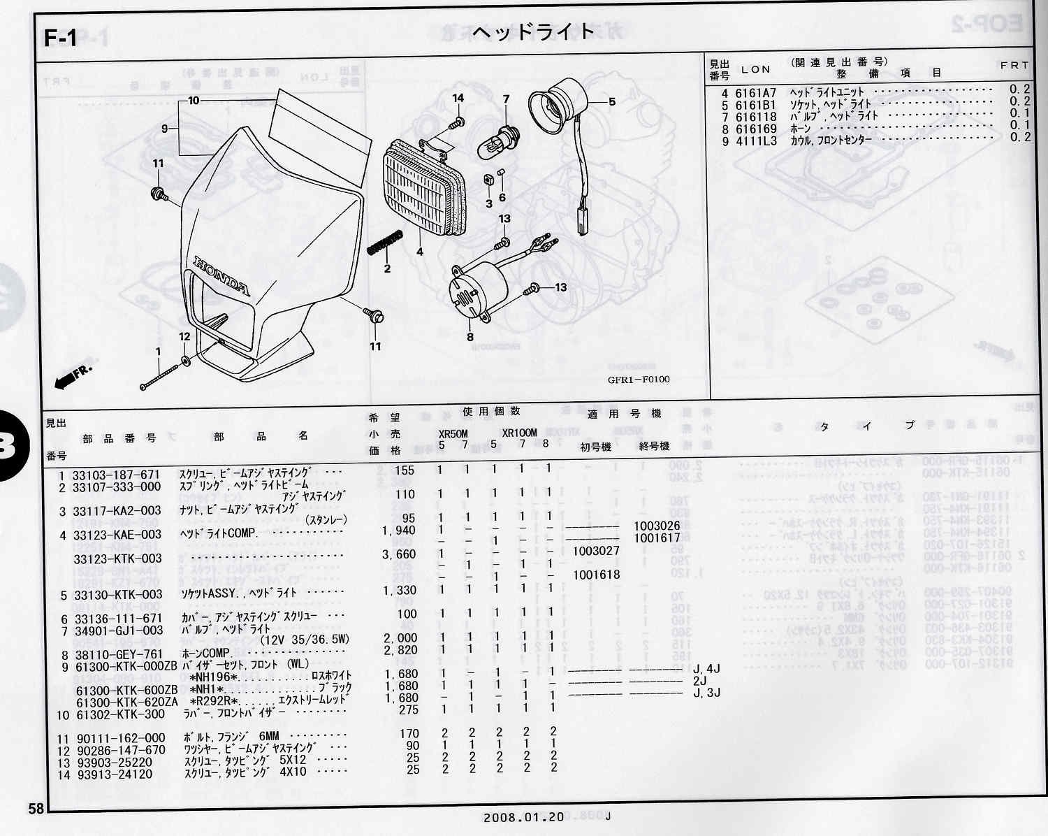XR100/50モタード ホンダ純正部品 ブロックNo.F-1 ヘッドライト パーツ 