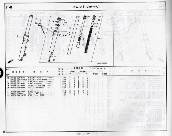 XR100/50モタード ホンダ純正部品 ブロックNo.F-8 フロントフォーク