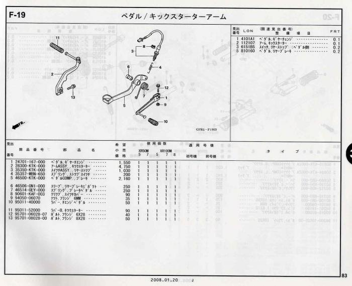 XR100/50モタード ホンダ純正部品 ブロックNo.F-19 ペダル／キック 
