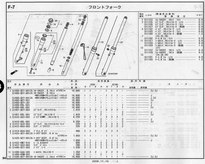 APE100/50 ホンダ純正部品 ブロックNo.F-7 フロントフォーク パーツ
